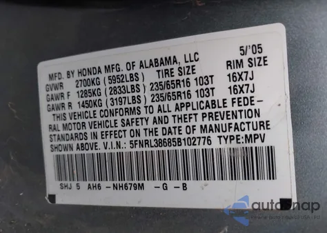 2005 Honda Odyssey Ex-L from USA, damaged, VIN 5FNRL38685B102776